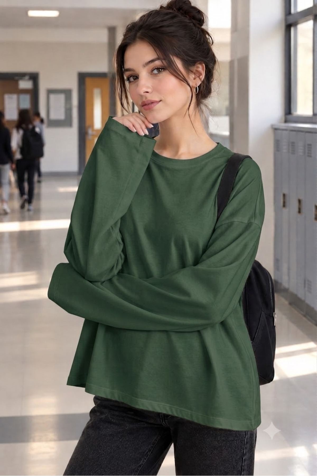 Basıl Kadın %100 Pamuk Bisiklet Yaka Oversize Fit Uzun Kollu Beyaz T-shirt